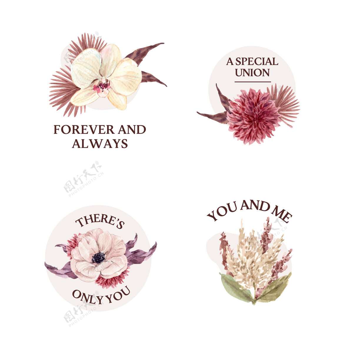 花束花束与婚礼概念设计水彩插画情侣鲜花场景