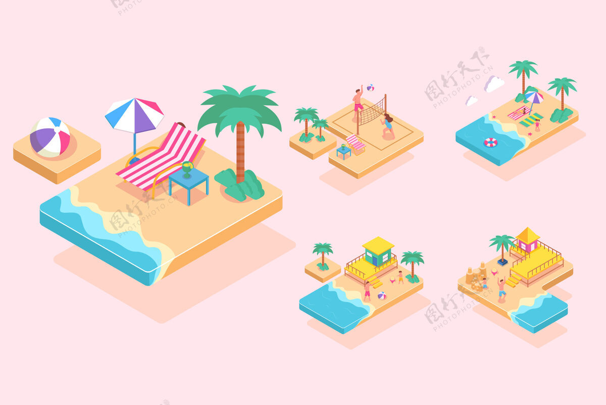 度假村夏日沙滩活动 卡通人物 平面插画棕榈海滨公寓
