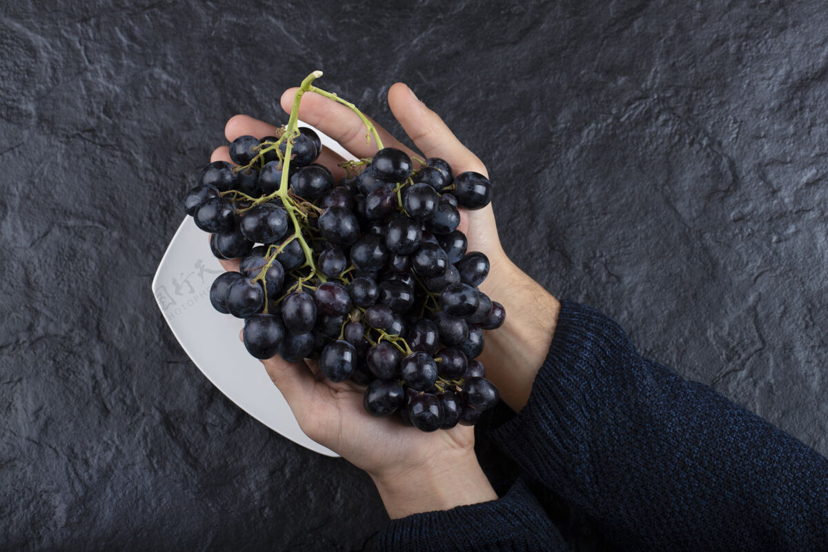 手男人的手拿着黑色背景上的一束黑葡萄美味健康新鲜