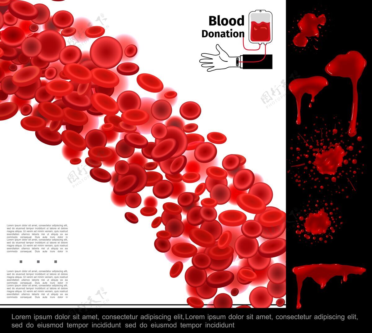 细胞现实的医疗保健彩色概念与血细胞飞溅污点和滴插图 血液彩色保健