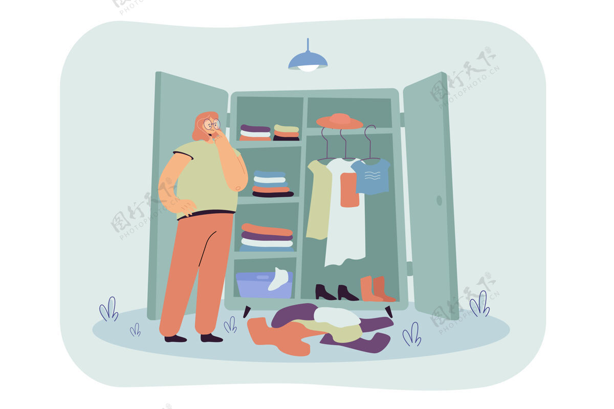 衣服体贴的女人在衣柜里挑选衣服平面插图衣柜衣柜悬挂