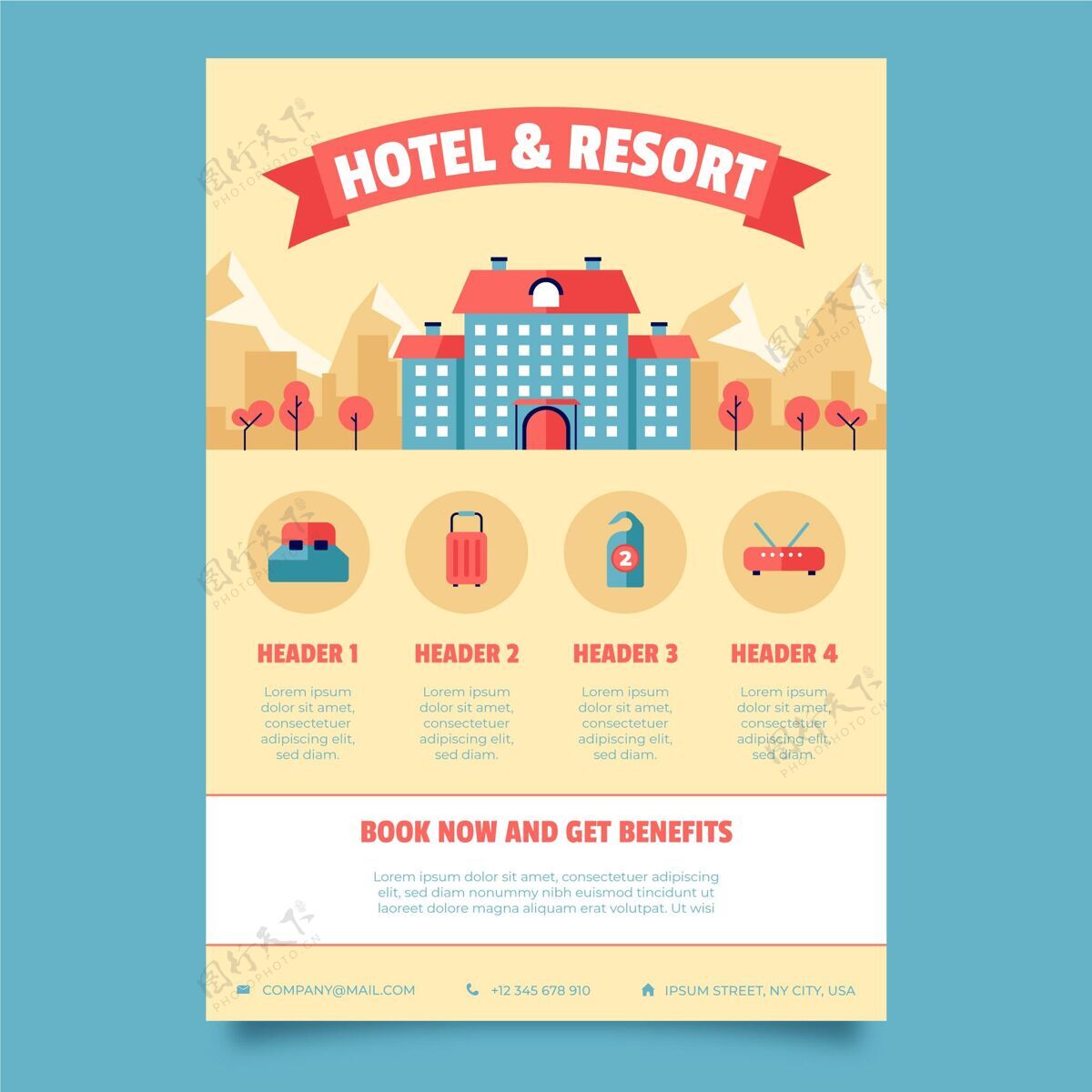 旅游现代酒店传单模板与插图酒店传单打印模板信息