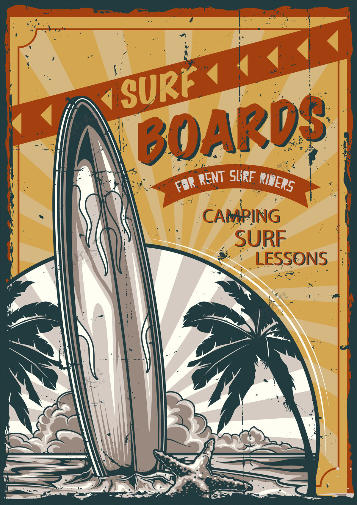 设置海报标签设计与冲浪板站在沙滩上与棕榈和日落插图剪影救援热带