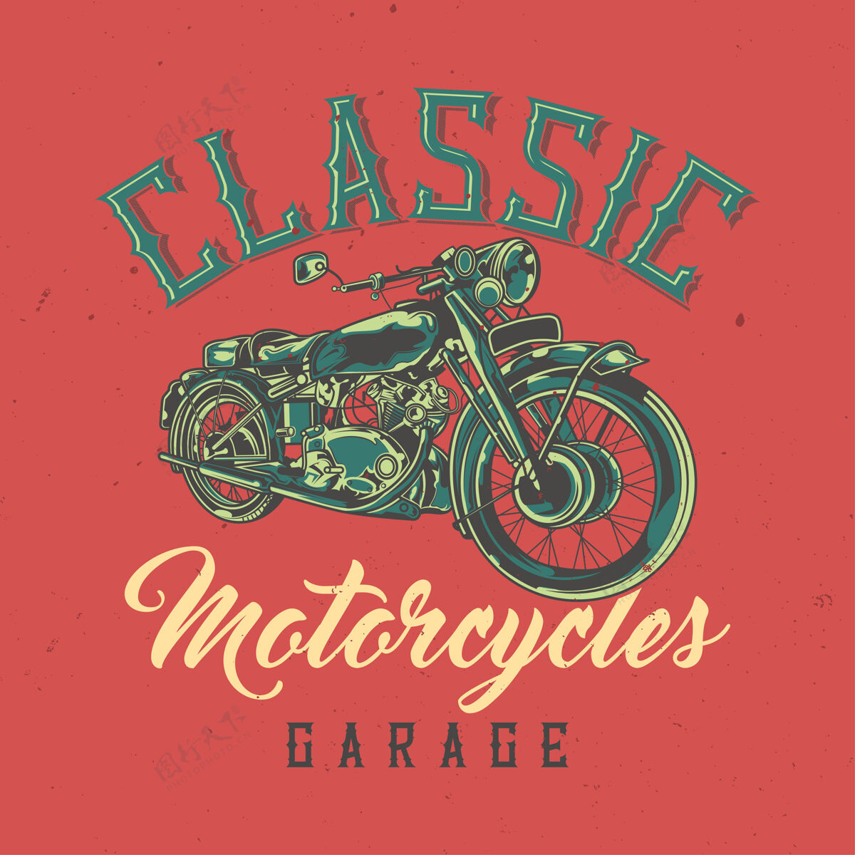 定制T恤或海报设计与经典摩托车插图摩托车复古车库