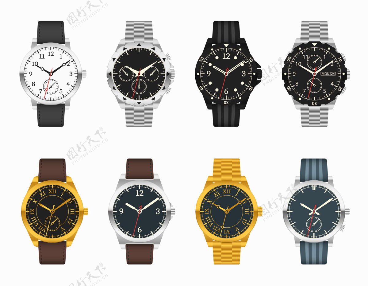 表带手表集昂贵的经典时钟与皮革和金属表带插图日期面指针