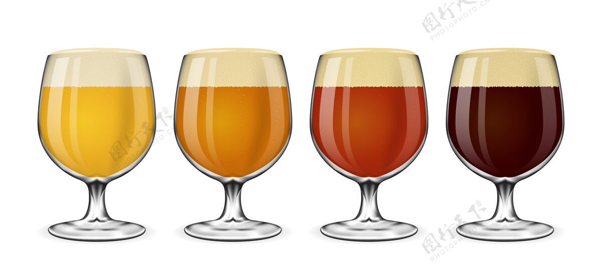 暗啤酒杯套装淡啤酒和麦芽酒 琥珀色和白啤酒上的粗壮啤酒杯喝啤酒的玻璃插图酒精酒收集