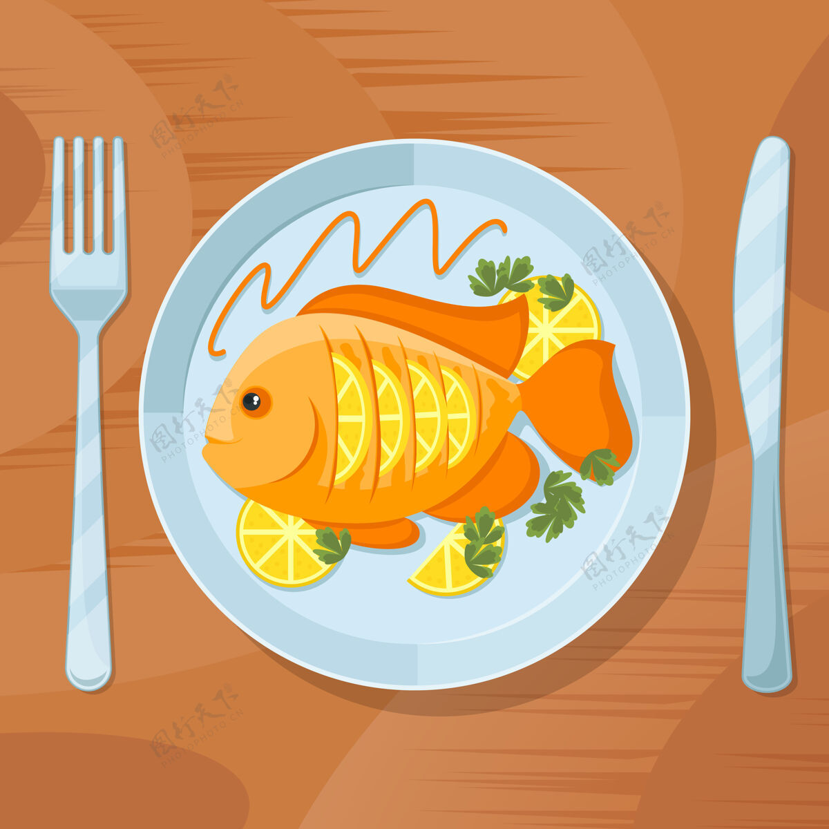 烹饪新鲜的鱼健康晚餐鱼美味的菜肴插图美味的鱼与刀叉盘子小吃平面盘子