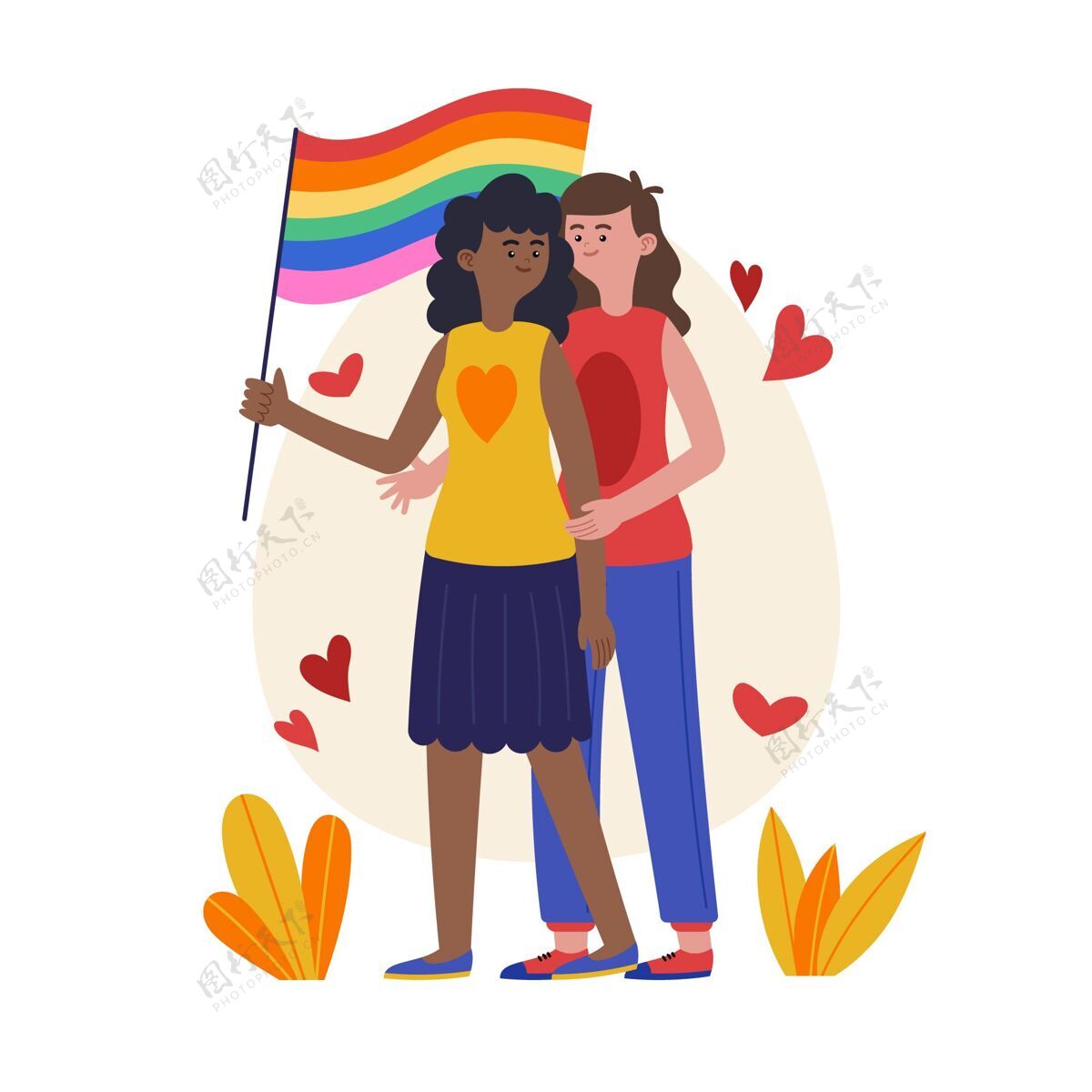 彩虹旗帜有机平面女同性恋夫妇插图与lgbt旗帜女同性恋夫妇女同性恋有机
