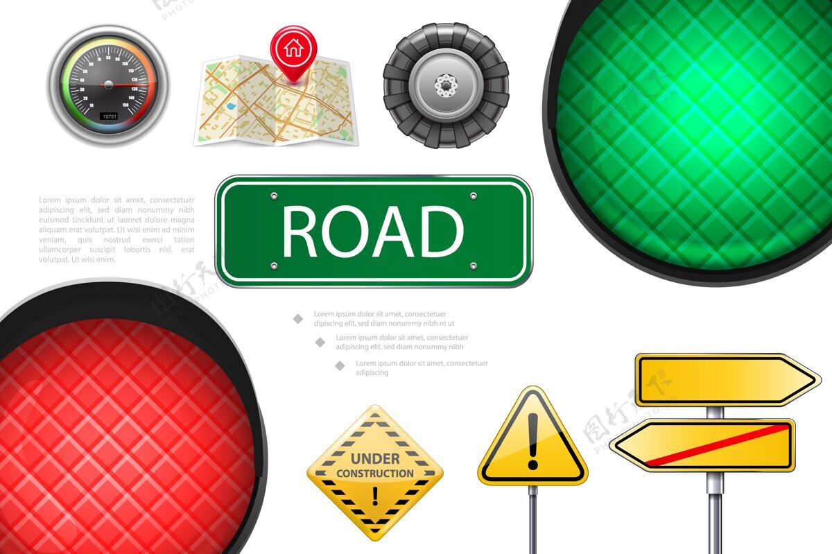 Pin逼真的道路元素丰富多彩的组成与交通灯速度表标志牌地图指针汽车车轮在建和警告标志插图速度速度表导航