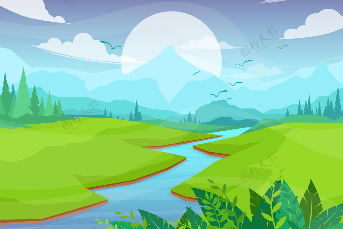 木头自然风光以河与山 森林与山 景观平面卡通式插画湖泊乡村绘画
