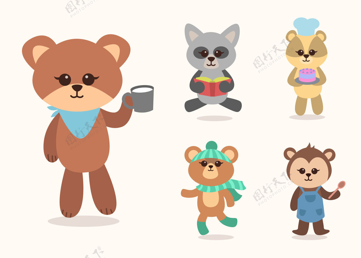 咖啡可爱的动物卡通人物吉祥物收集捆绑 平面彩色插图熊猴子素描