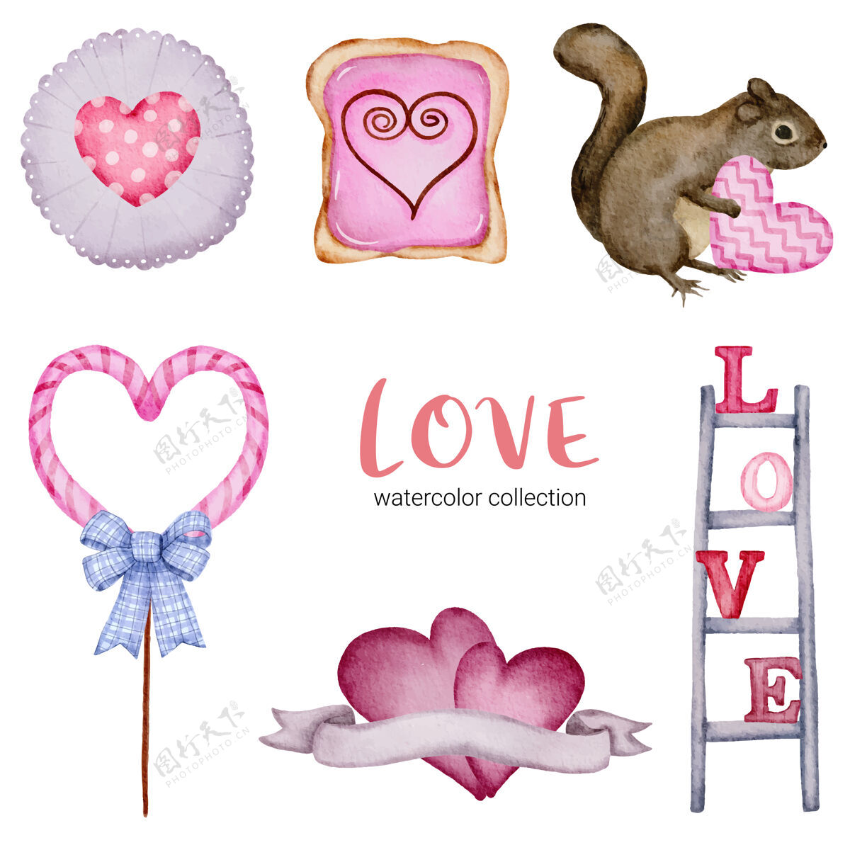 集套大孤立的水彩情人节概念元素可爱浪漫的红粉心形装饰 插画装饰品浪漫情人节