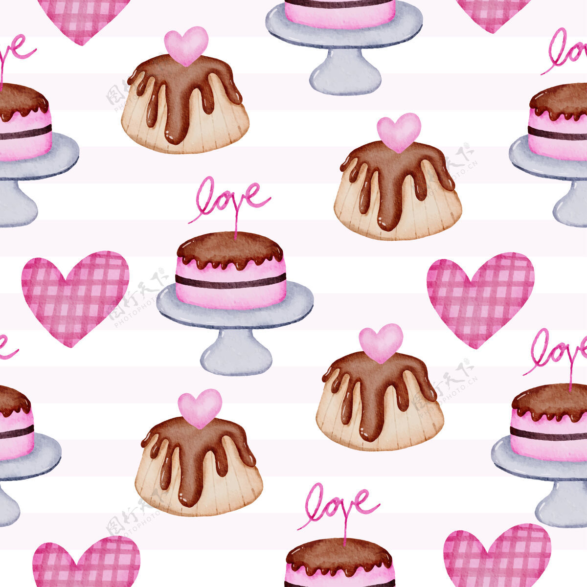 蛋糕水彩无缝图案搭配甜点和心形隔离水彩情人节概念元素可爱浪漫红心作装饰 插画浪漫颜料元素