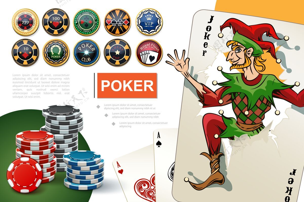 卡现实的赌场和赌博的概念与丰富多彩的扑克筹码王牌和小丑卡筹码赌博概念
