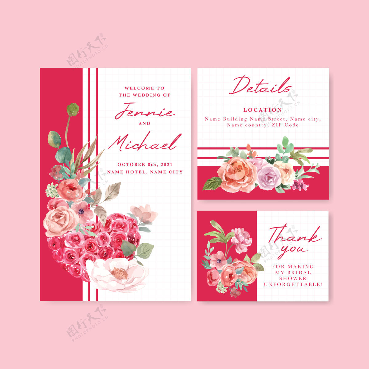浪漫婚卡模板与爱绽放概念设计水彩插画季节装饰花卉
