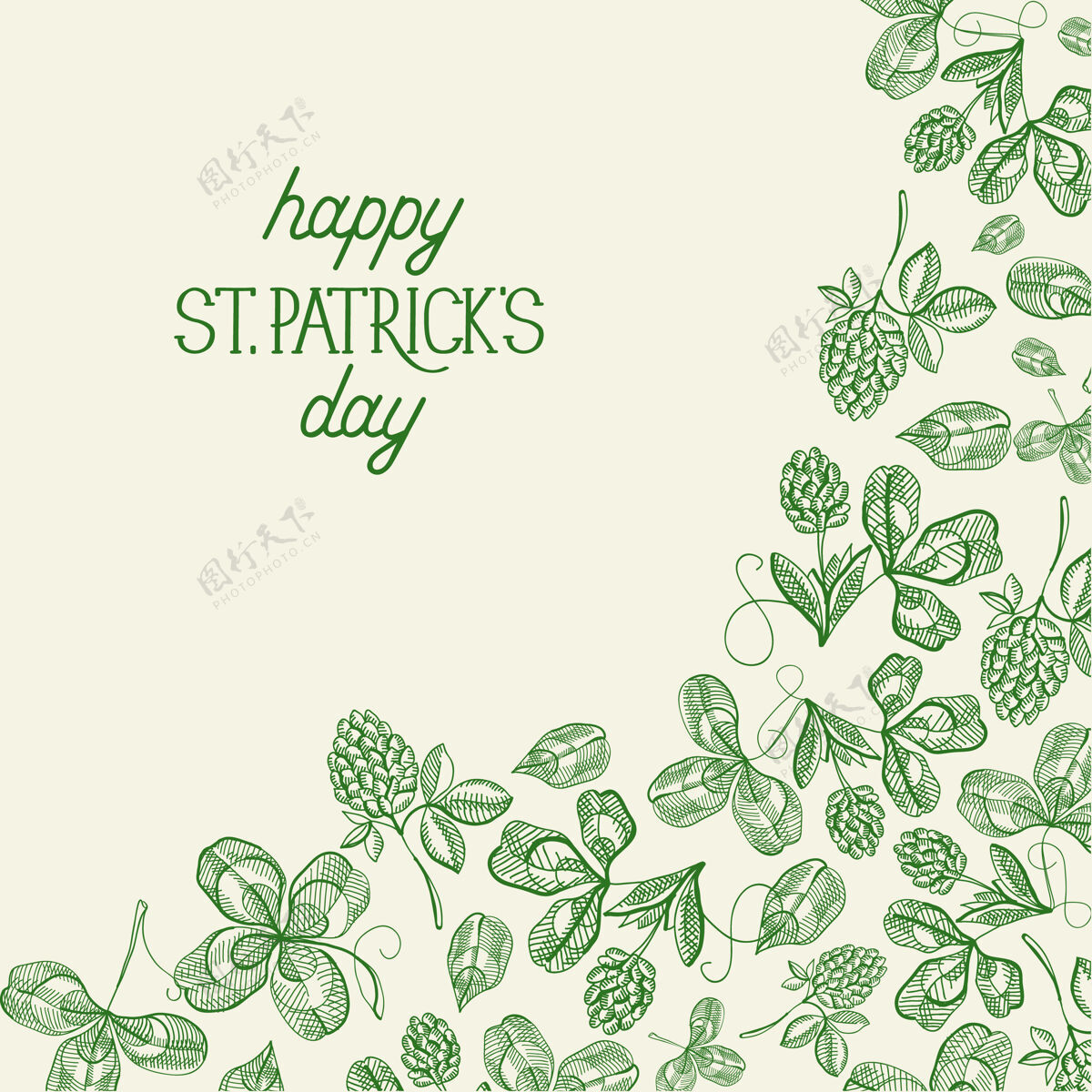 节日绿色圣帕特里克日植物贺卡与题词和手绘爱尔兰三叶草矢量插图素描帕特里克花