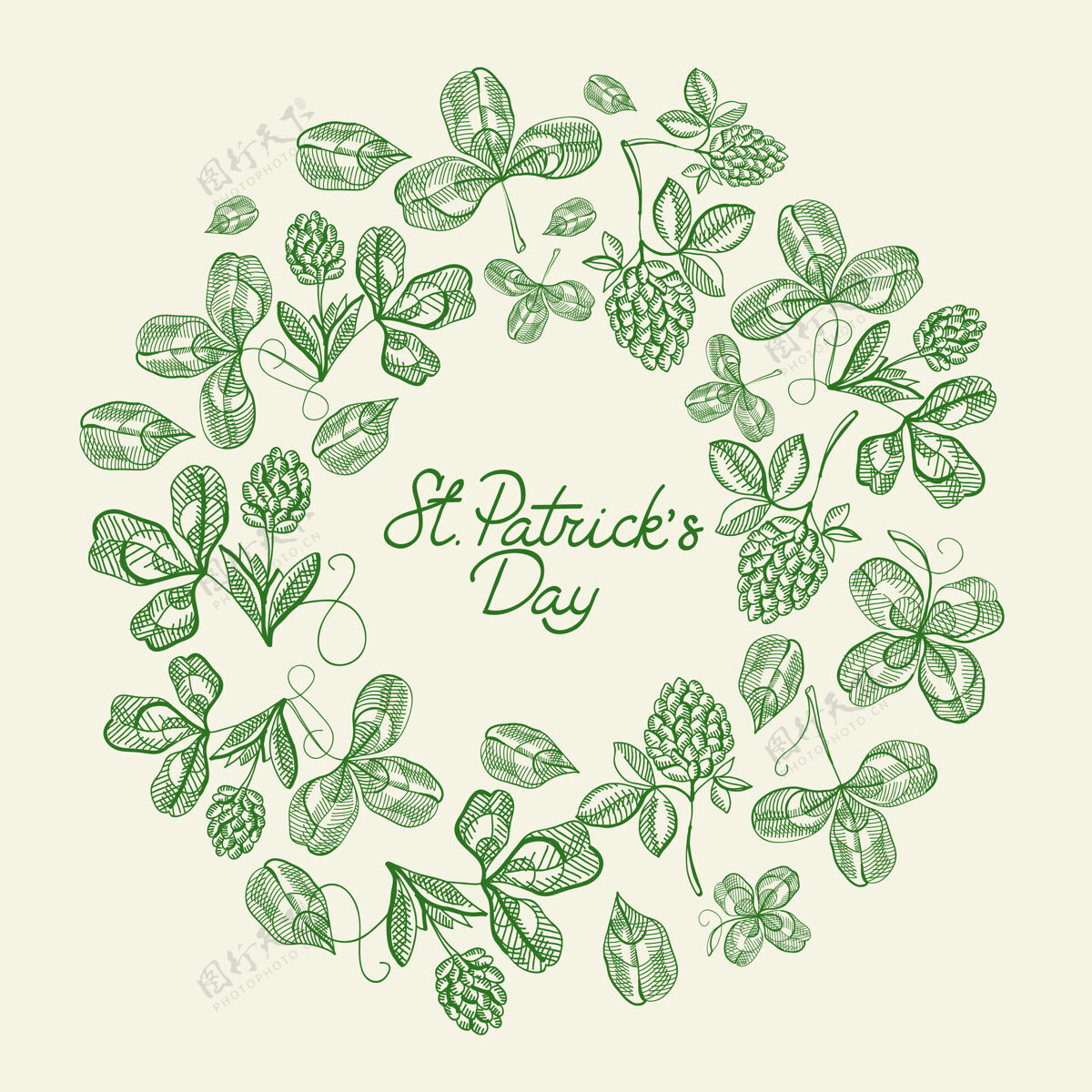 花卉绿色和白色的圆圈框架素描作文卡与许多传统元素围绕着圣帕特里克节的文字庆典活动帕特里克