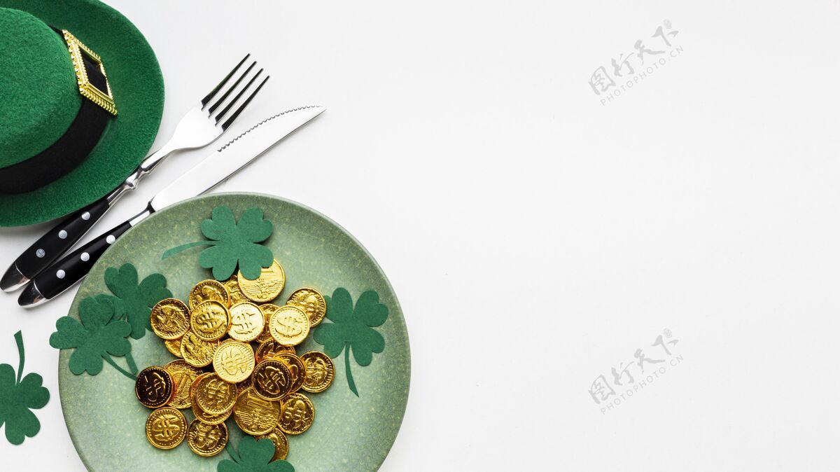 圣帕特里克上图：圣帕特里克日的盘子和餐具凯尔特人传统平面
