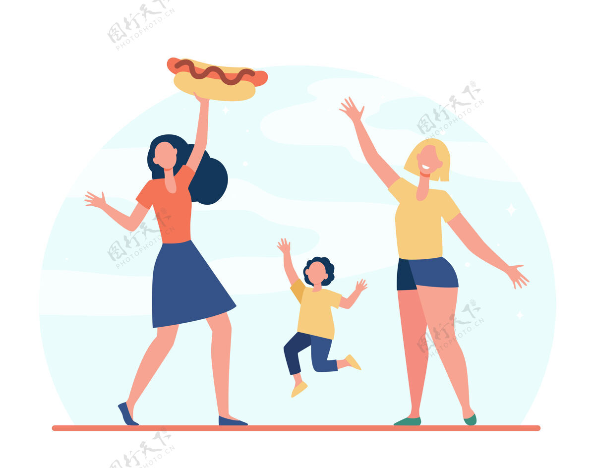 女士快乐的女人和女孩与热狗餐 街 垃圾食品平面插图街道小吃狗