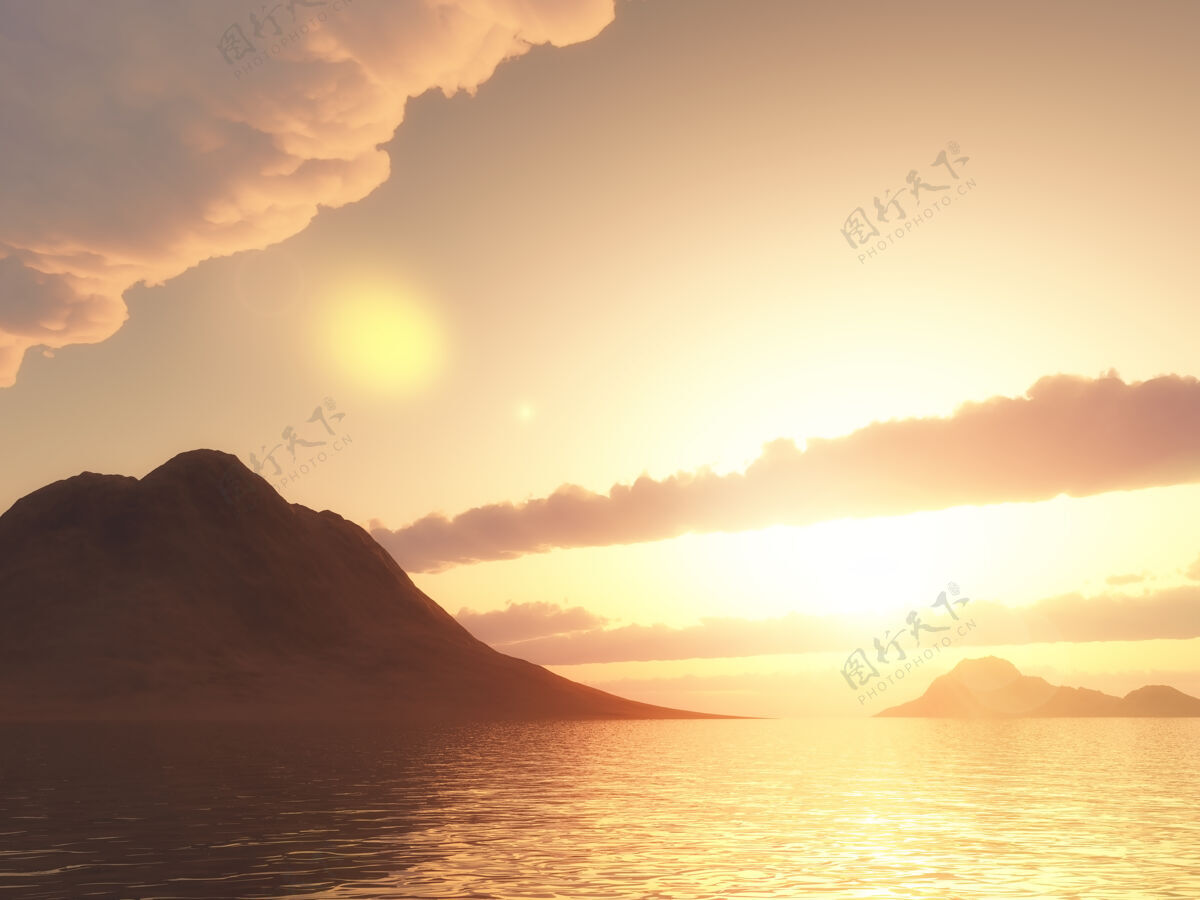 雾大海中的一座山在日落的天空中的三维渲染雾岛屿自然
