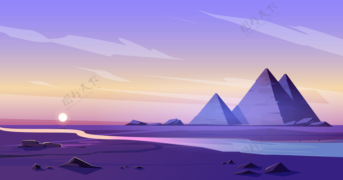 非洲黄昏中的埃及金字塔和尼罗河景点沙子全景