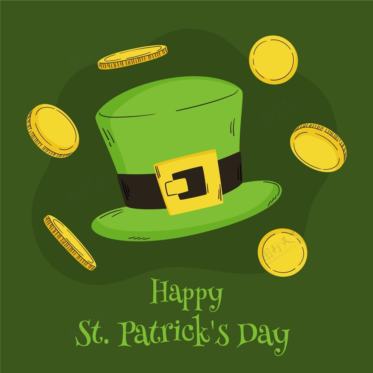 圣帕特里克手绘圣帕特里克节插图与硬币和帽子手绘庆祝爱尔兰