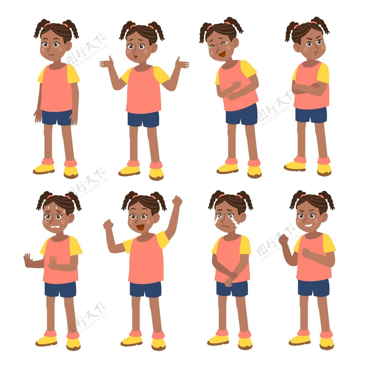 女孩平面手绘不同姿势的黑人女孩手绘插图分类
