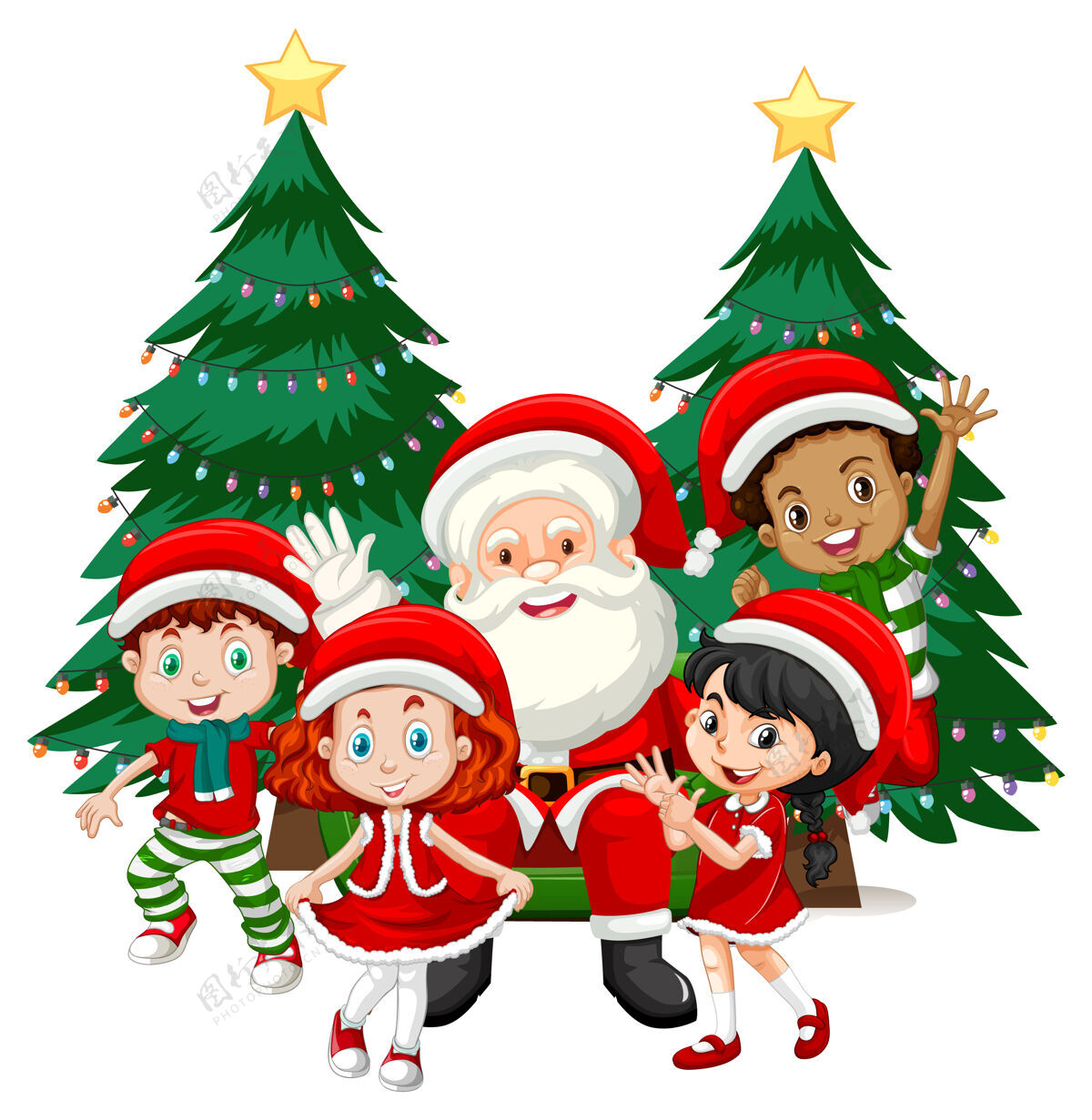 红色圣诞老人和孩子们穿着白色背景的圣诞服装卡通人物克劳斯孩子季节