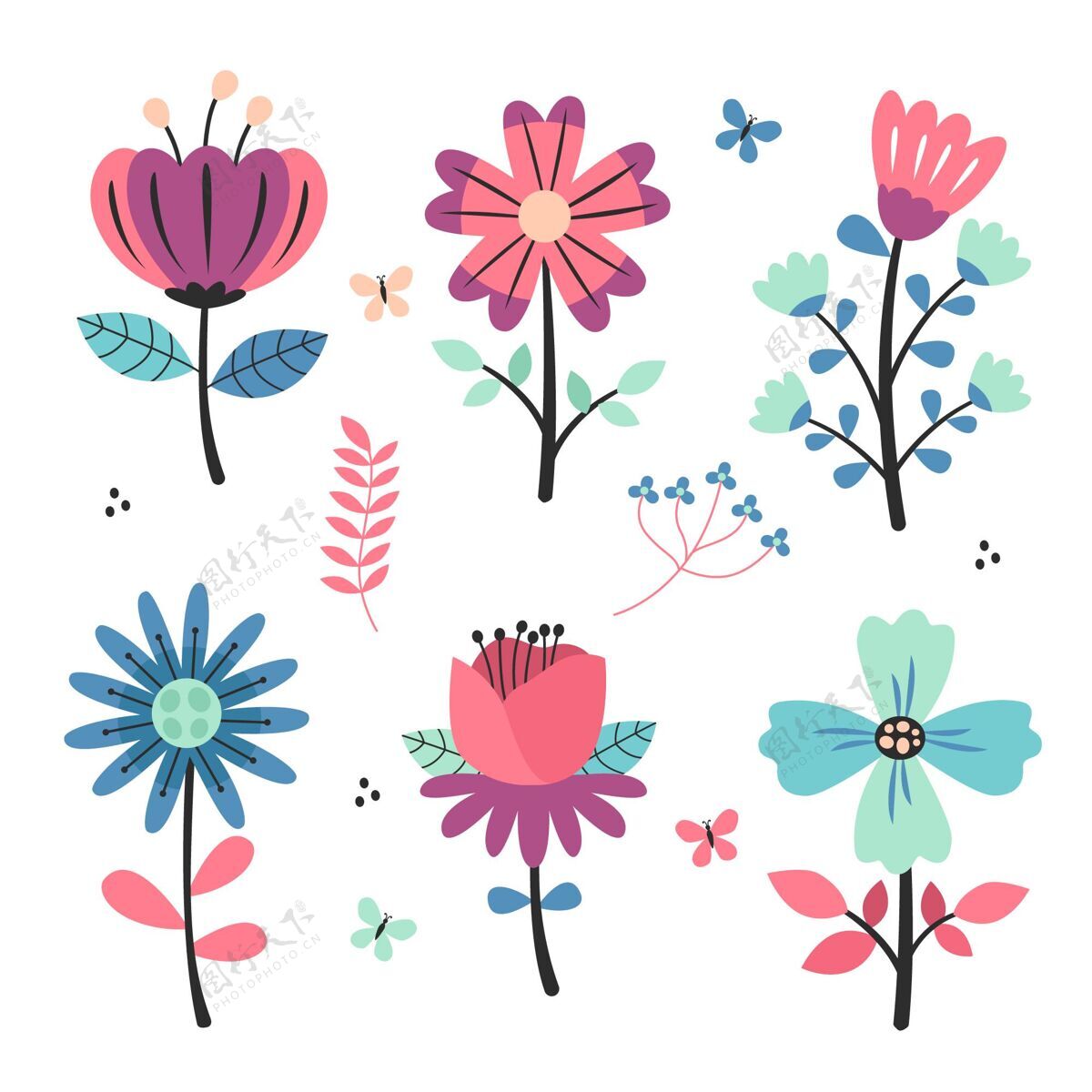 春天手绘春花系列花卉设置手绘
