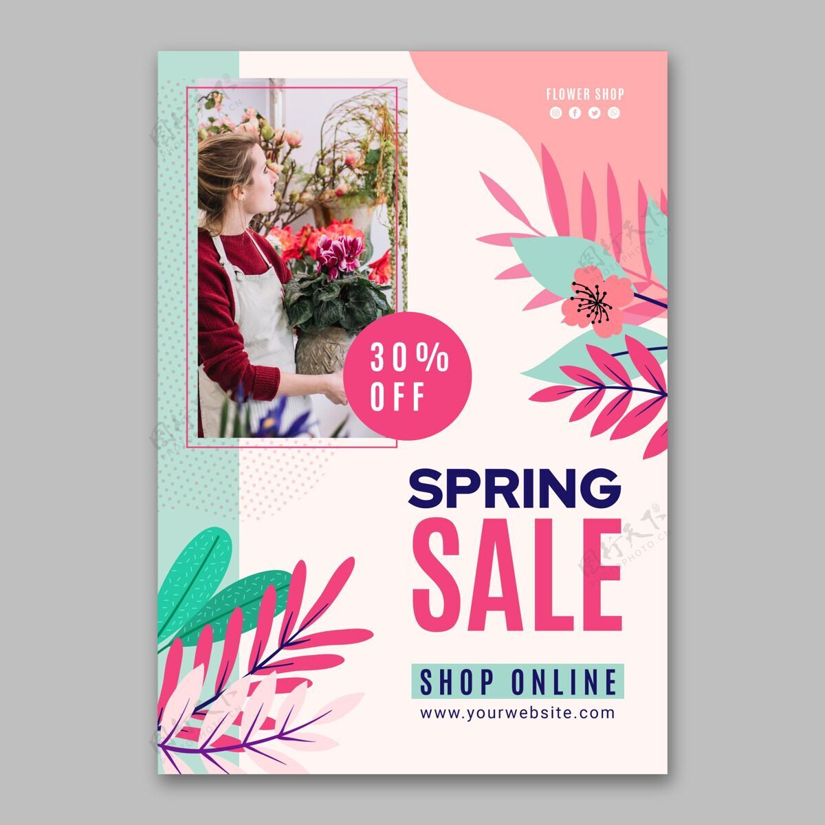 准备打印平面设计春季销售垂直传单模板植物开花花卉