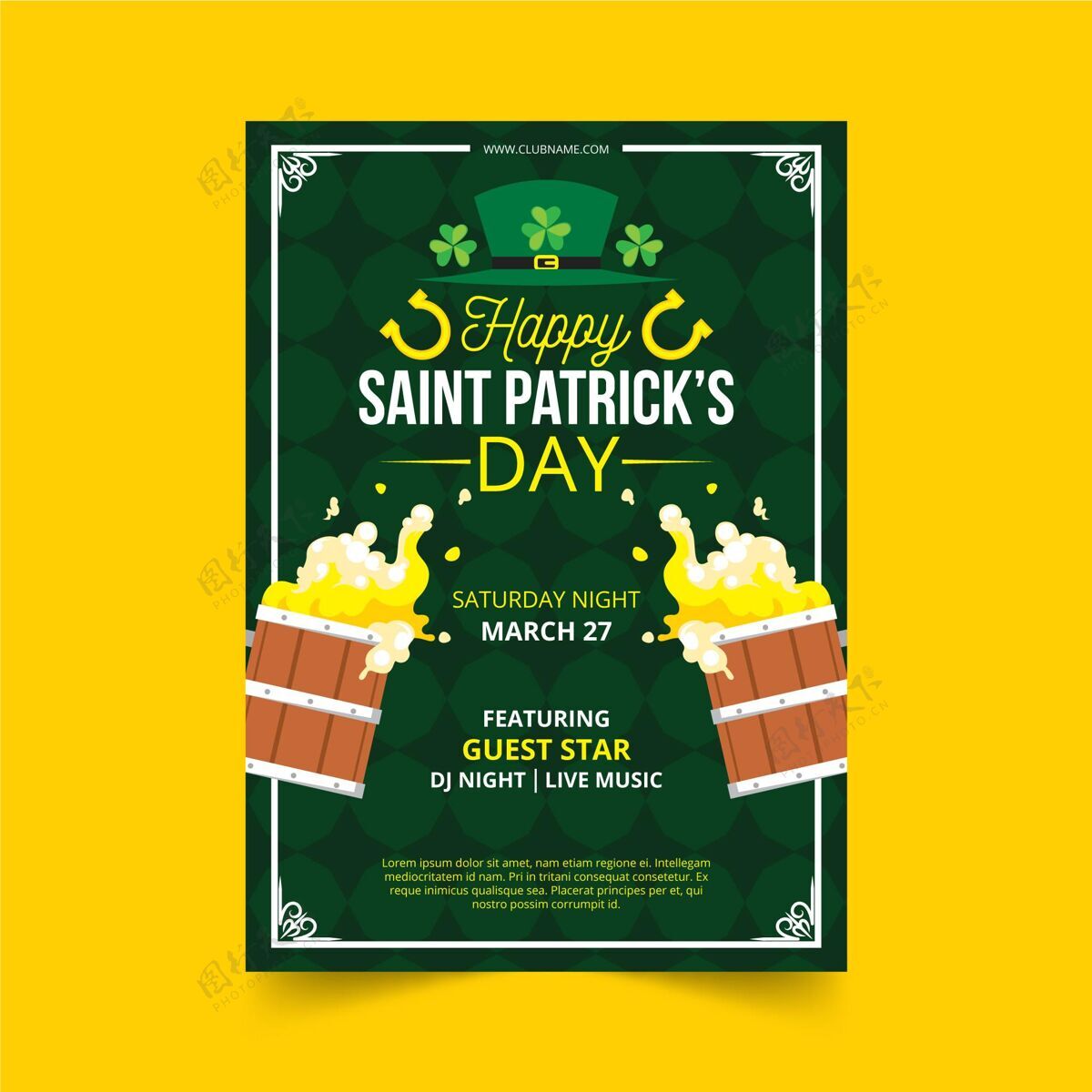 帕特里克平面设计圣帕特里克节传单模板绿色圣帕特里克日庆祝
