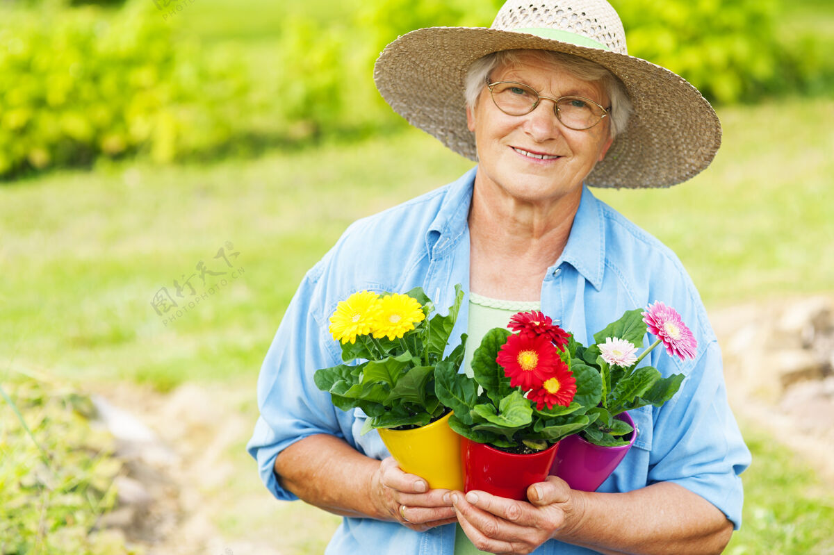 成人花园里拿着花的老妇人绿色跪着帽子