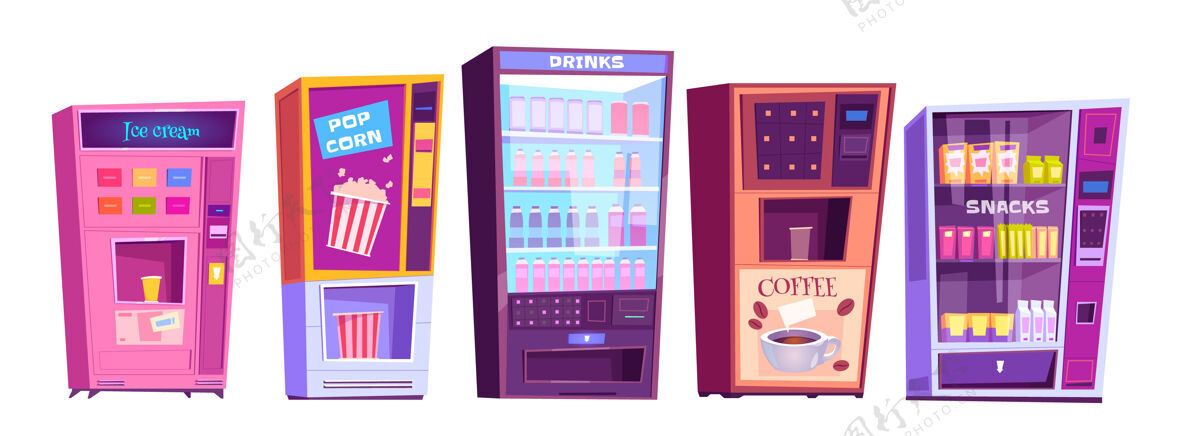 包装自动售货机与零食 爆米花 咖啡和冷饮包装隔离在白色饮料零售货币
