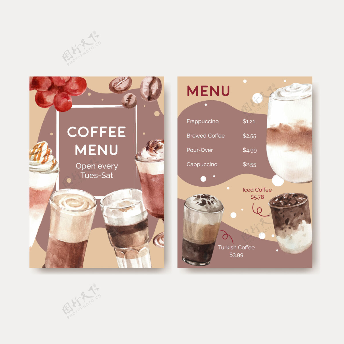 即时菜单模板与韩国咖啡风格的概念餐厅和小酒馆水彩画凉爽顶部菜单