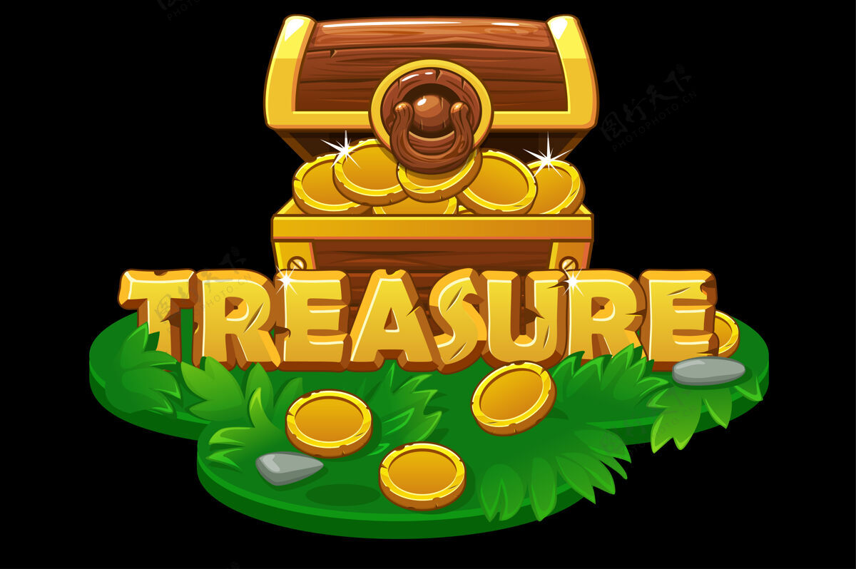 石草地平台上一个敞开的宝箱一个装金币的木箱宝平岛