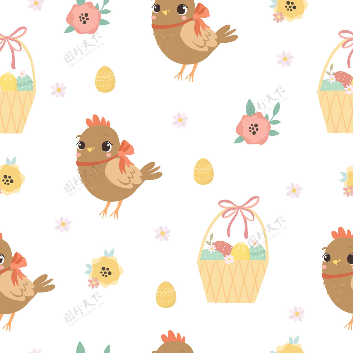 图案复活节鸡和篮子蛋篮子春