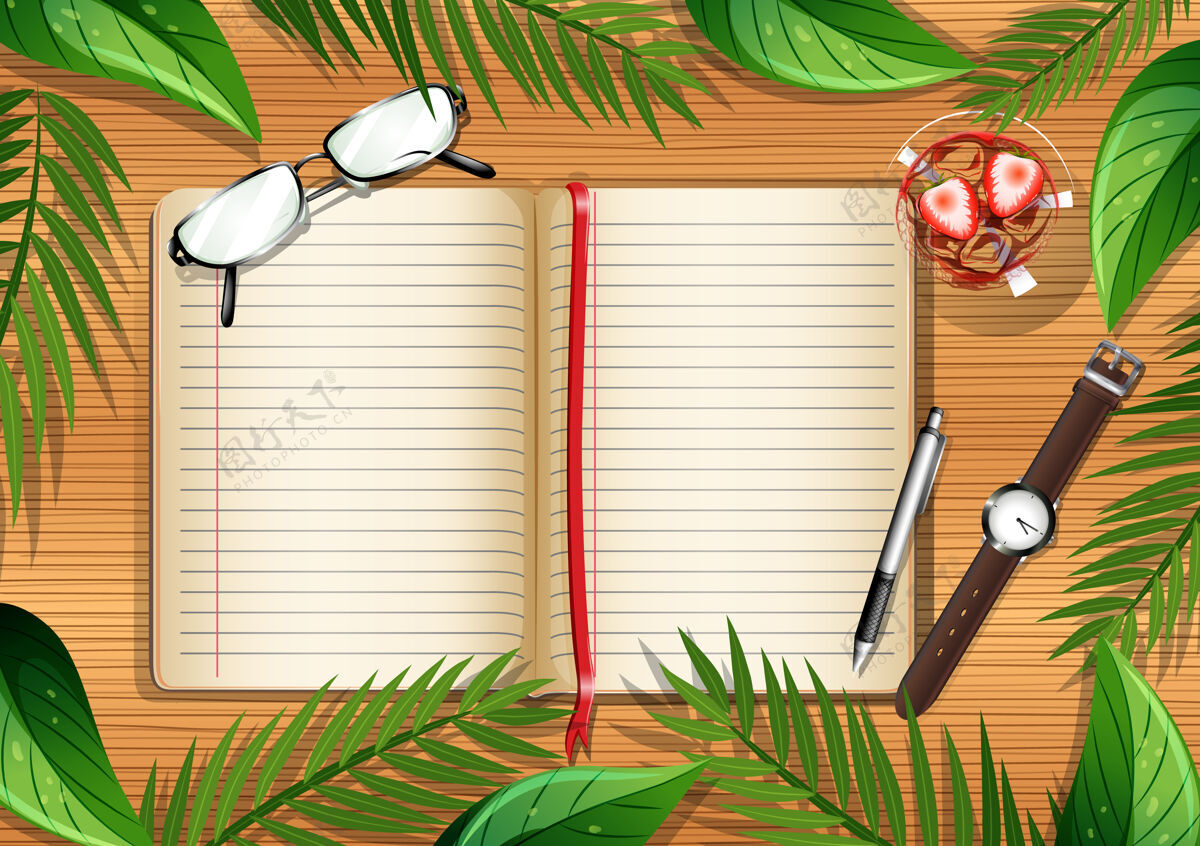 自然木桌顶视图 带有空白页的书籍和办公用品及树叶元素健康金融桌子