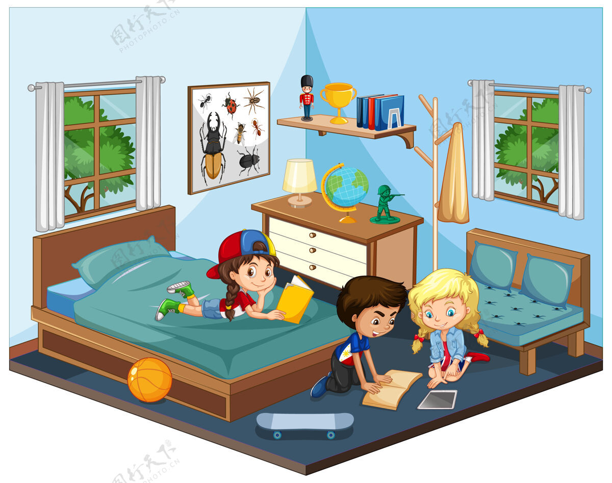 家具孩子们在卧室里以蓝色为主题 白色为背景的场景宠物年轻主题