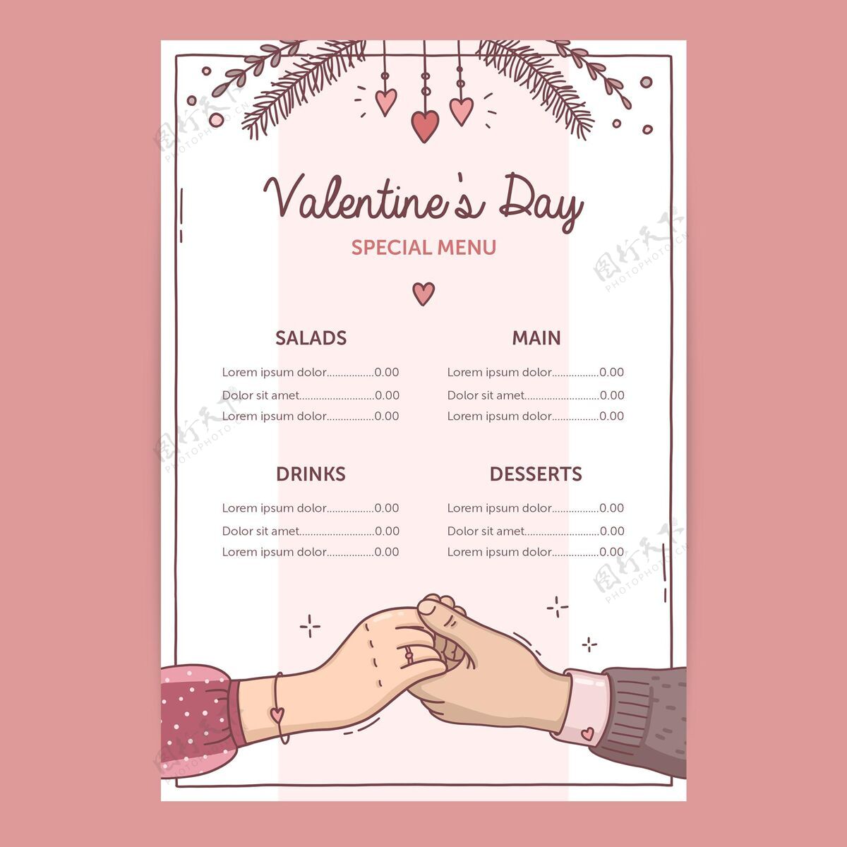 浪漫手绘插图情人节菜单模板2月14日浪漫菜单