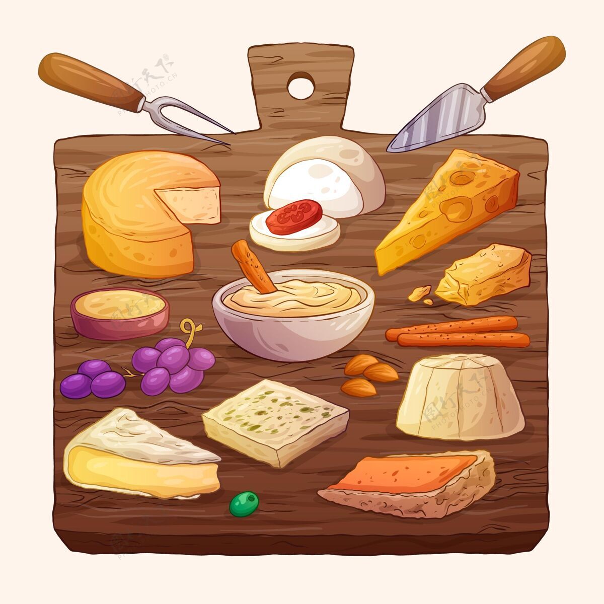 手绘手绘奶酪板插图手绘插图美食