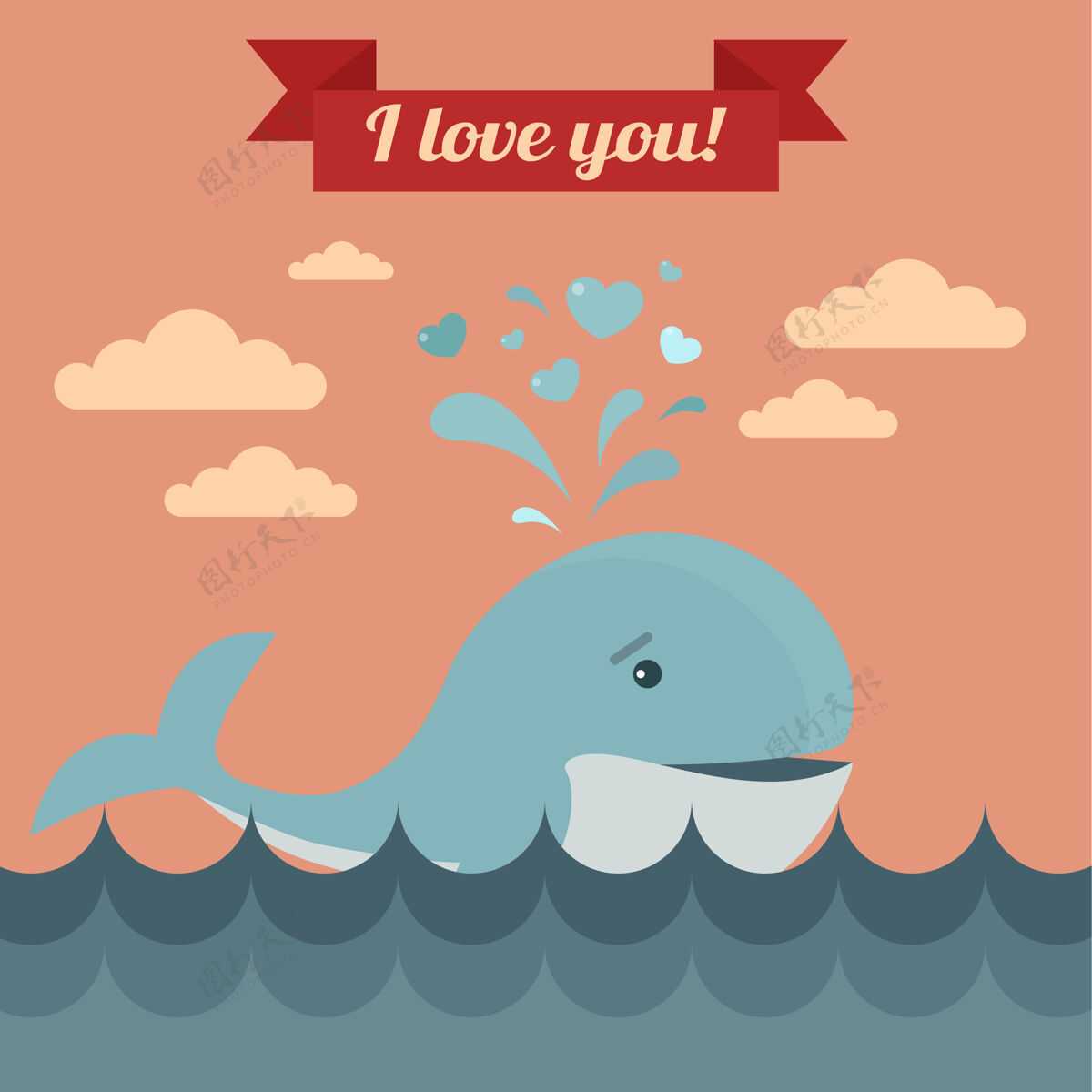 爱可爱的鲸鱼和我爱你的丝带浪漫情人节情人节