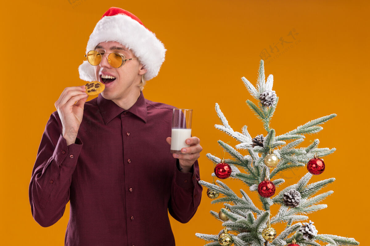 圣诞老人戴着圣诞帽 戴着圣诞眼镜的年轻金发男子站在装饰好的圣诞树旁 嘴里端着一杯牛奶和饼干 闭着眼睛孤立地站在橙色的墙上穿着牛奶站着