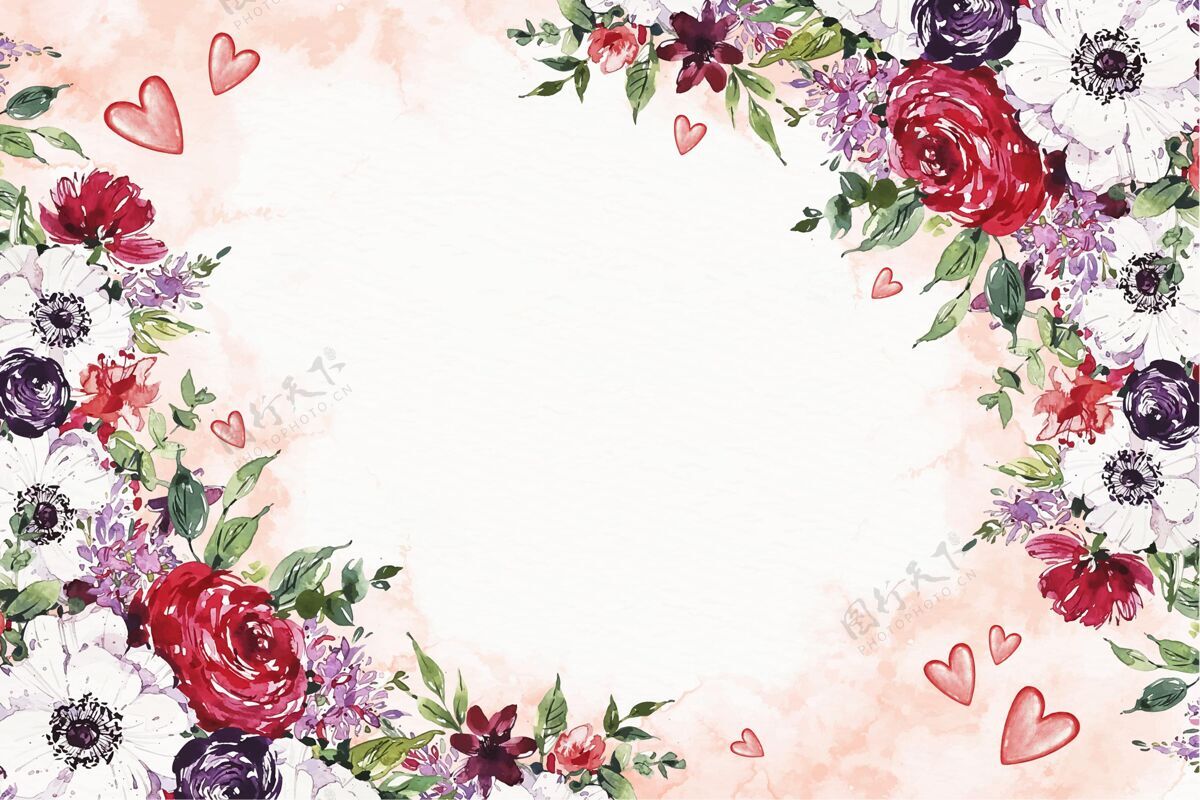 情人节水彩情人节壁纸与鲜花和空的空间浪漫庆祝背景