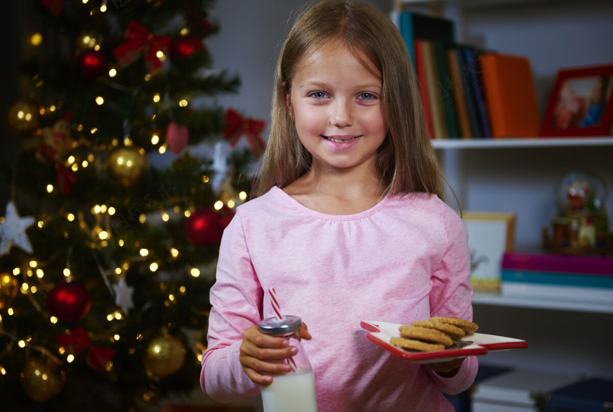 圣诞拿着饼干和牛奶等圣诞老人的女孩家圣诞时间圣诞树