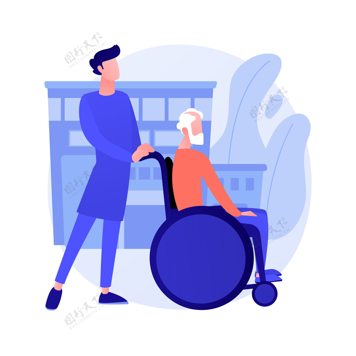 轮椅养老抽象概念向量插图养老护理 老年思乡护理 护理服务 轮椅上的快乐 家庭支持 退休人员 养老院抽象隐喻老人医疗保健步行者