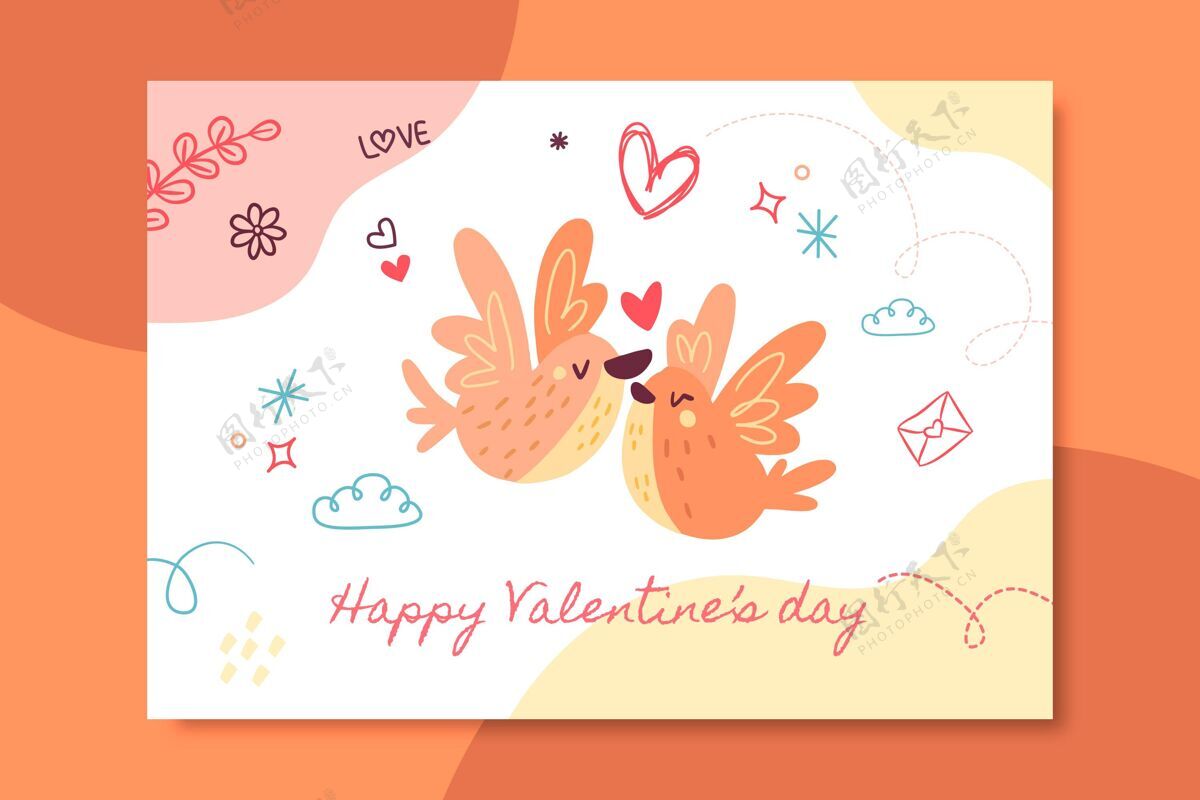 圣人情人节手绘儿童情人节卡片模板爱情人节鸟