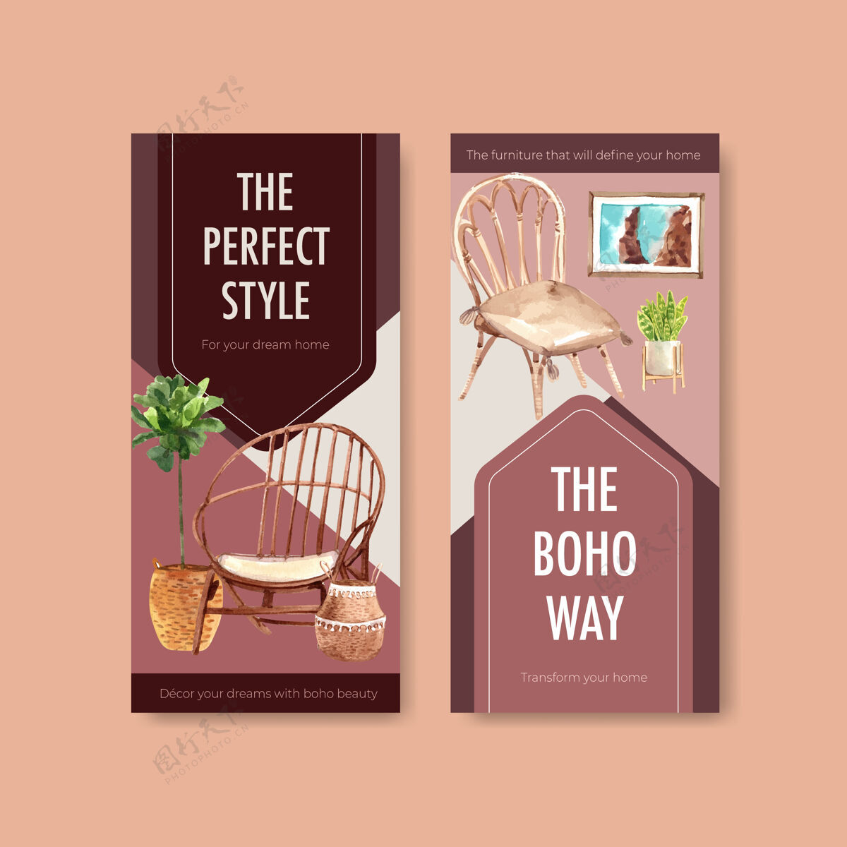 广告传单模板波西米亚家具概念设计小册子和传单水彩插图斯堪的纳维亚室内家具