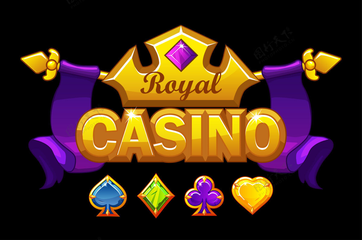 扑克赌场标志与黄金皇冠和宝藏皇家赌博背景与宝石游戏卡符号赌场皇冠游戏