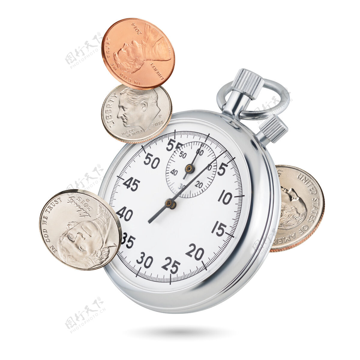 金属金属机械秒表与金钱隔离时钟金融投资