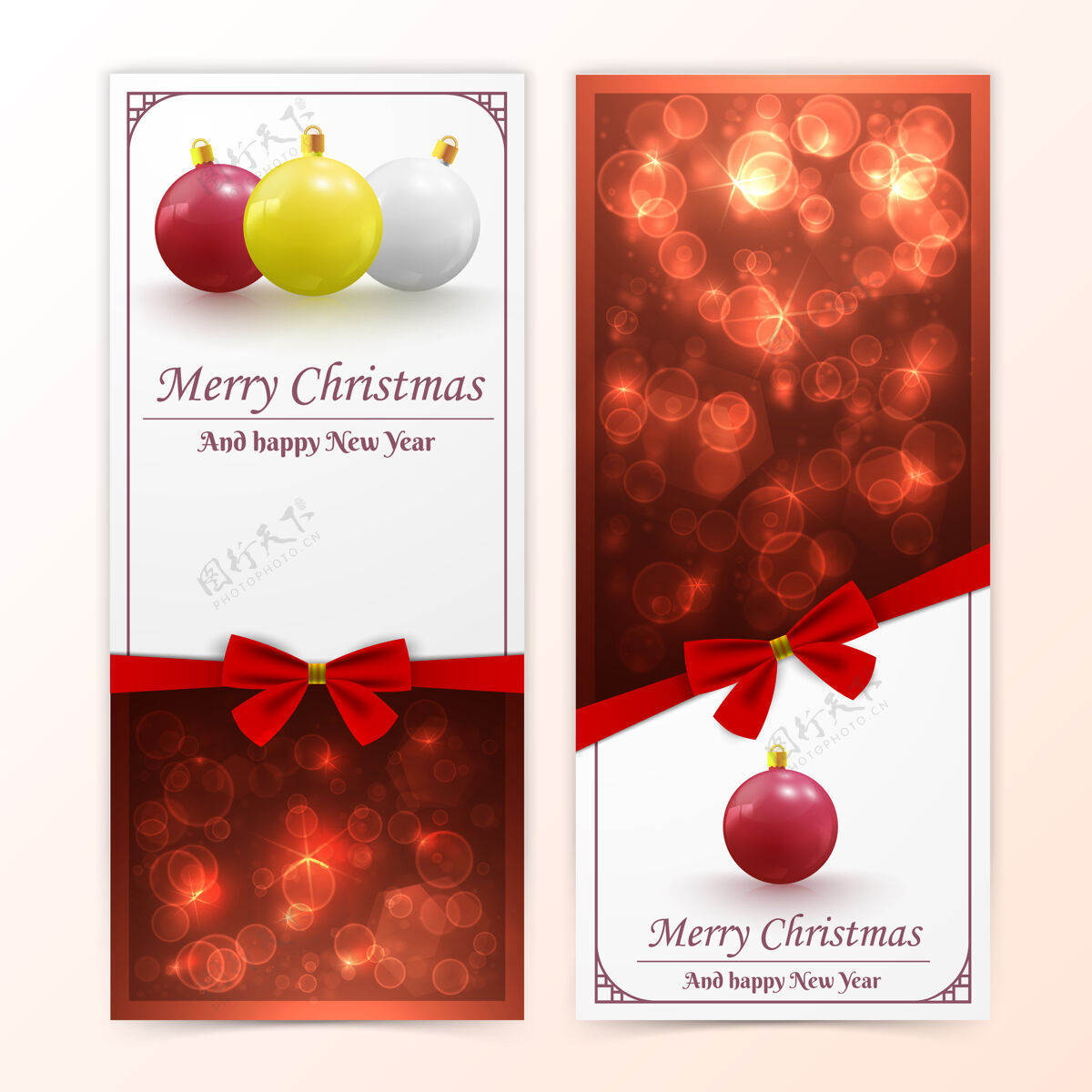 圆节日圣诞节和新年的垂直横幅与圣诞饰品和红色蝴蝶结圣诞树年布局